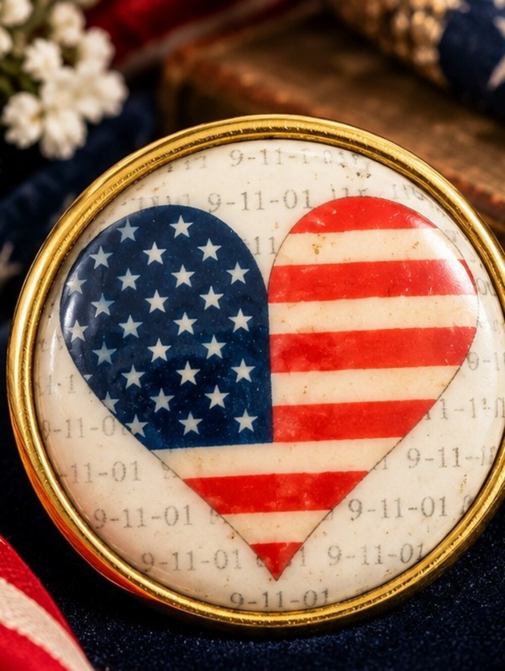 Vintage 9/11 Memorial Ceramic American Flag Heart Brooch BB Collection